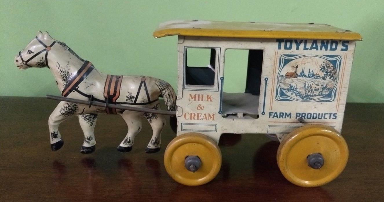 Marx Tin Litho Wind Up Toy Horse and Wagon