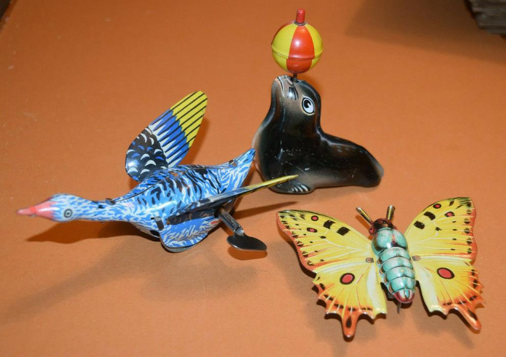 Tin Wind-up and Friction Animal / Creature Lot of 3 ~ Butterfly Seal & Goose