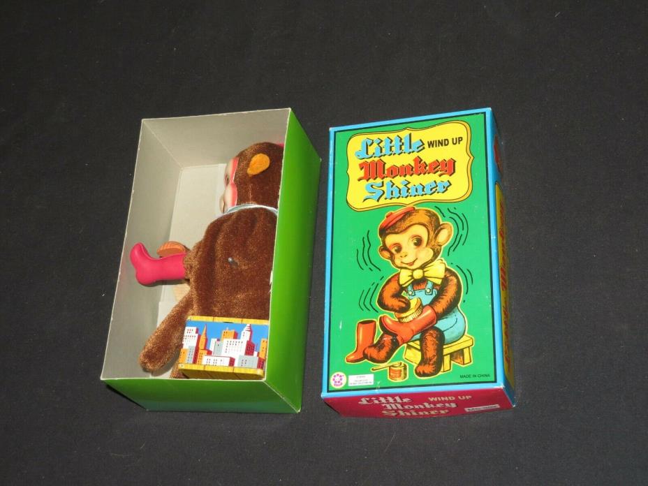 Wind-Up Tin Toy MONKEY Little Shoe Shiner w/ Box (Q452)