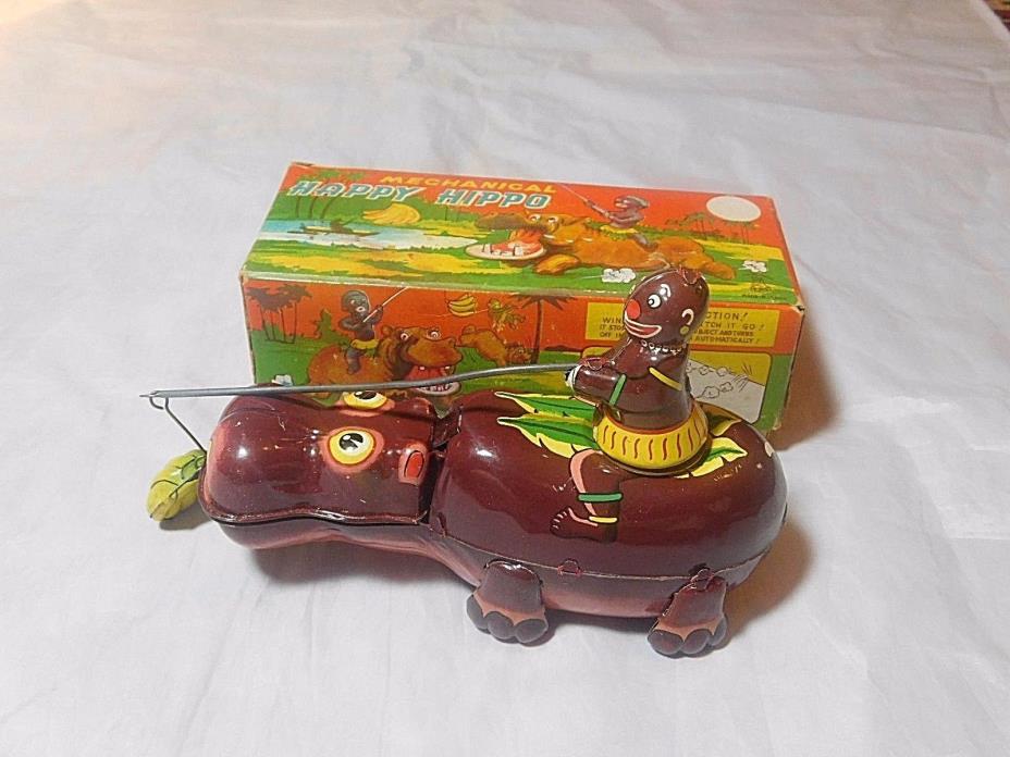 VINTAGE MECHNANICAL TIN HAPPY HIPPO WIND-UP by TPS JAPAN in ORIGINAL BOX