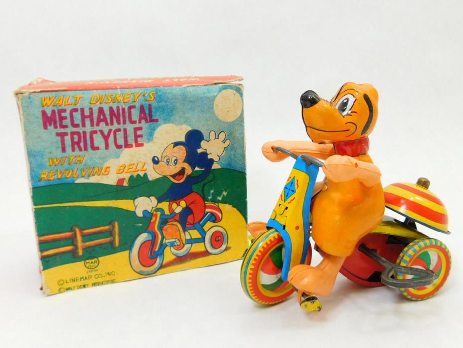 PLUTO TRICYCLE LINEMAR WALT DISNEY TIN LITHO WIND UP TOY TIN BODY ORIGINAL BOX
