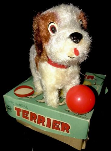 VINTAGE TERRIER DOG WITH BALL Mechanical WIND UP IN BOX JAPAN ALPS-Toy