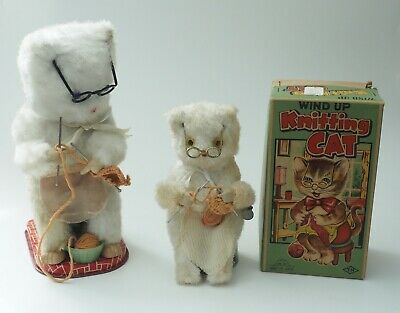 Vintage Japan Wind-Up KNITTING CAT in Box & Battery Operated Knitting Cat