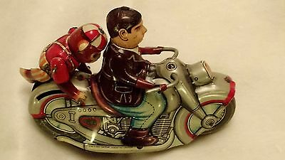 Vintage 50s Tin Wind-up Toy Kanto Japan Motorcycle Rider with Monkey Acrobat