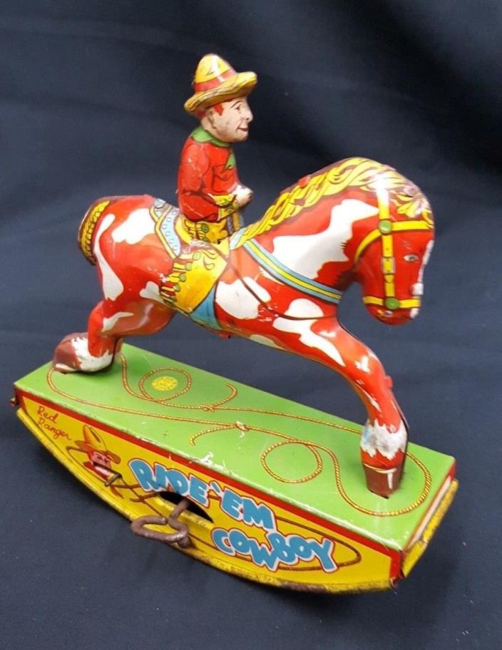 Vintage Red Ranger Ride 'Em Cowboy 1930 Tin Litho Windup Toy By Wyandotte Toys