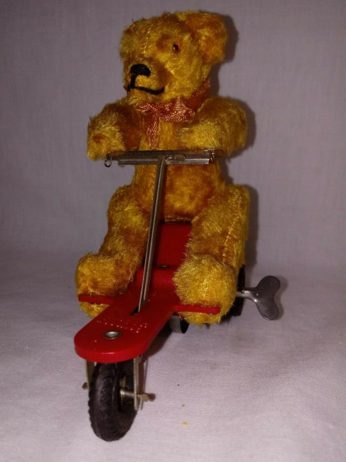1959 Gebruder Fewo MOHAIR BEAR wind-up VELOCIPEDE ~VERY NICE WORKING ORIGINAL