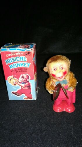 Rare Vintage Clockwork Musical Monkey Clashing Cymballs Wind Up Toy in Box