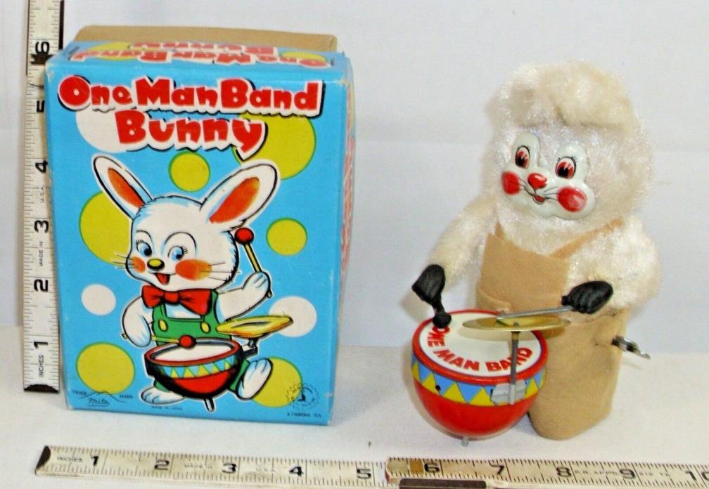 ONE MAN BAND BUNNY TIN WIND UP CLOCK WORK TOY WORKS MITO OF Japan BOXED