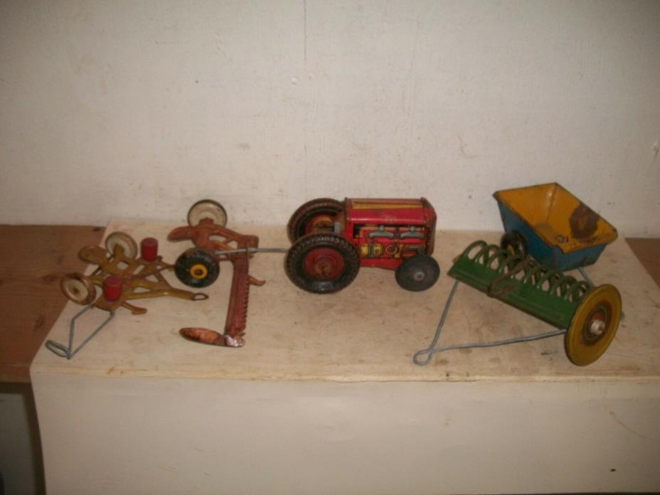 vtg Marx Tin Litho Toy farm set tractor & mower - Rake - Corn Planter - Wagon