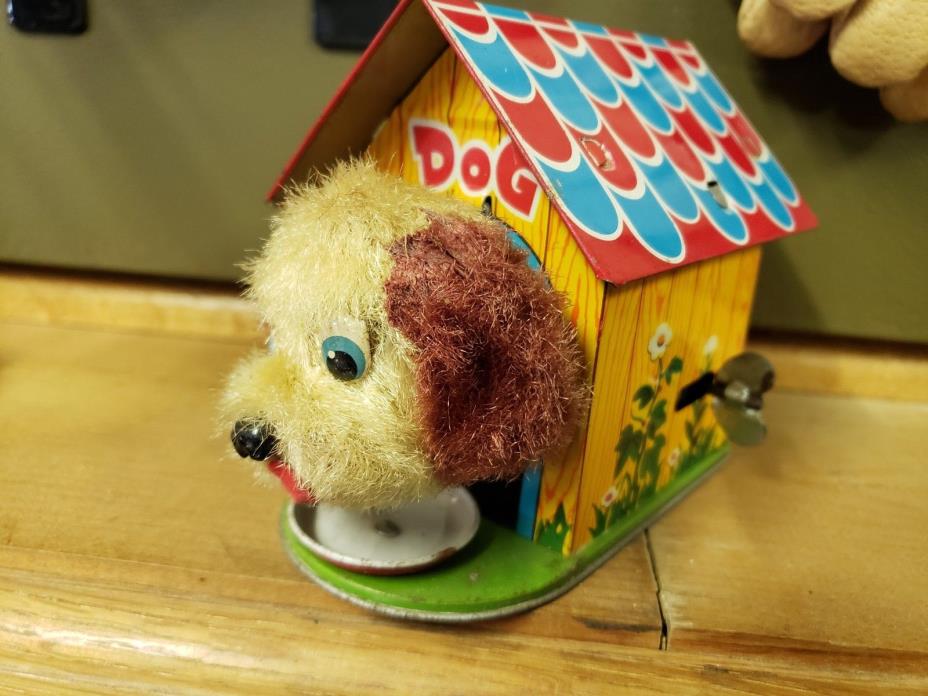 1940 vintage TIN METAL DOG HOUSE WIND UP TOY made in japan HAPPY DOGGIE WORKS!