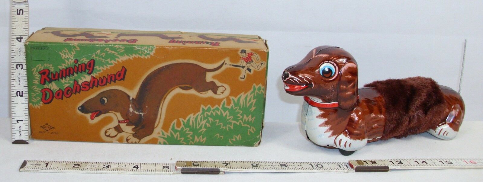 RUNNING DACHSHUND TIN WIND UP CLOCK WORK TOY WORKS DAIYA OF Japan BOXED