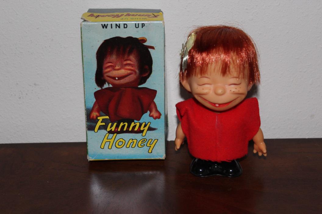 WIND UP VINTAGE FUNNY HONEY SHIBA DOLL WITH BOX - #4436-MADE IN JAPAN