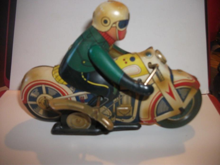 Vintage Tin Toy Motorcycle Rider  Wind Up Friction Motor Bike Wind-Up- Works