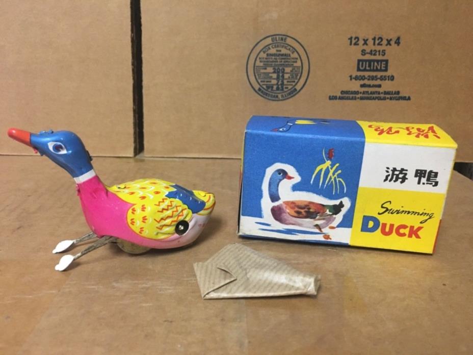 Vintage Metal Swimming Duck Toy Wind Up New in Box L@@K!!!