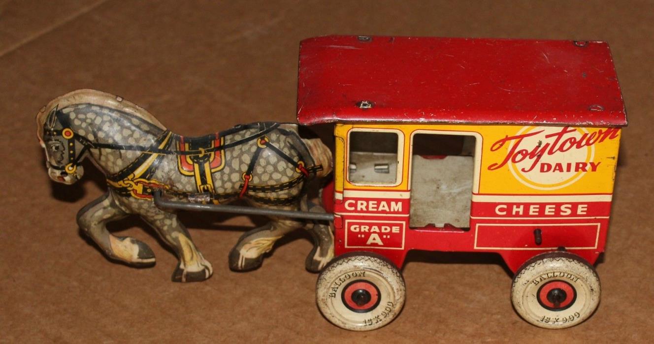 Rare Vintage Marx Toytown Dairy Cream Cheese WindUp Toy Horse Wagon Delivery Tin