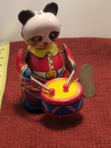 Vintage Collectible Panda Drummer Clockwork Wind-Up Tin Toy w/ Key