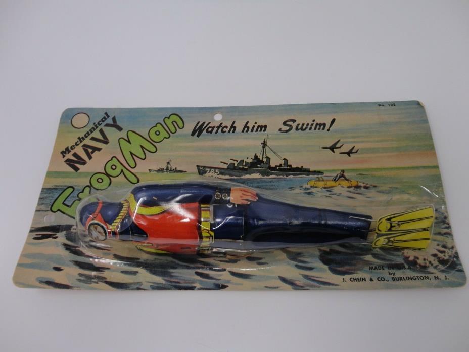 Vintage 1950's J. CHEIN Tin Litho Windup Navy Frogman NOS on Card!