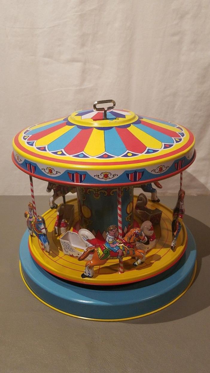 RARE 1950s J. CHEIN MERRY GO ROUND CAROUSEL TIN LITHO WIND UP TOY WITH BLUE BASE