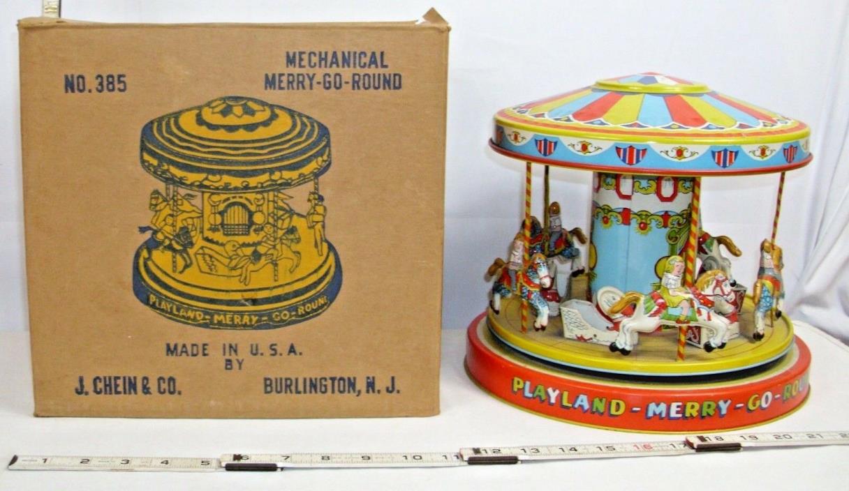 J CHEIN PLAYLAND MERRY GO ROUND TIN WIND UP TOY BOXED WORKS CLEAN! SHARP!
