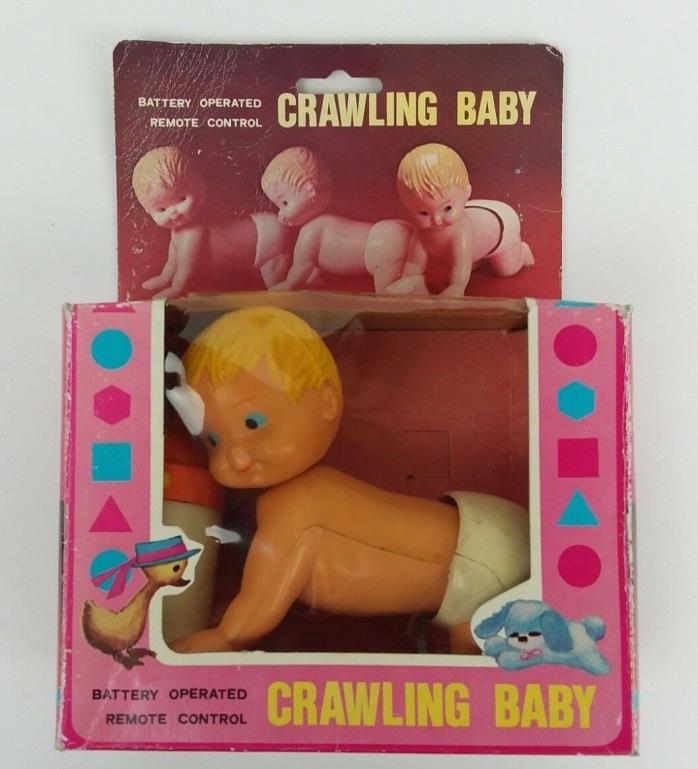 Vtg Celluloid Crawling Baby Doll & Bottle Battery Operated Remote Control In Box