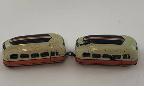 US zone Germany toy train street cars 2 Wind Up Trolley Miniature Tin Litho 1950