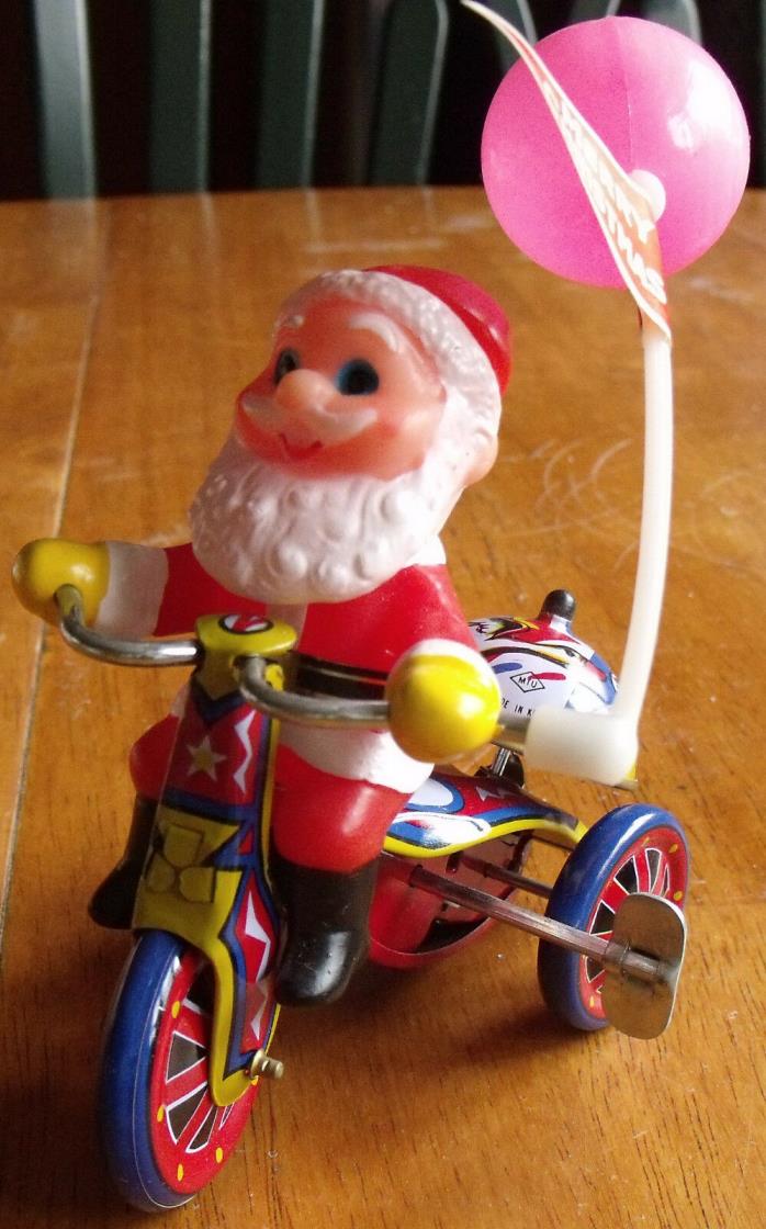Vintage Tin Wind Up Mechanical Santa Tricycle with Box  Ex Cond