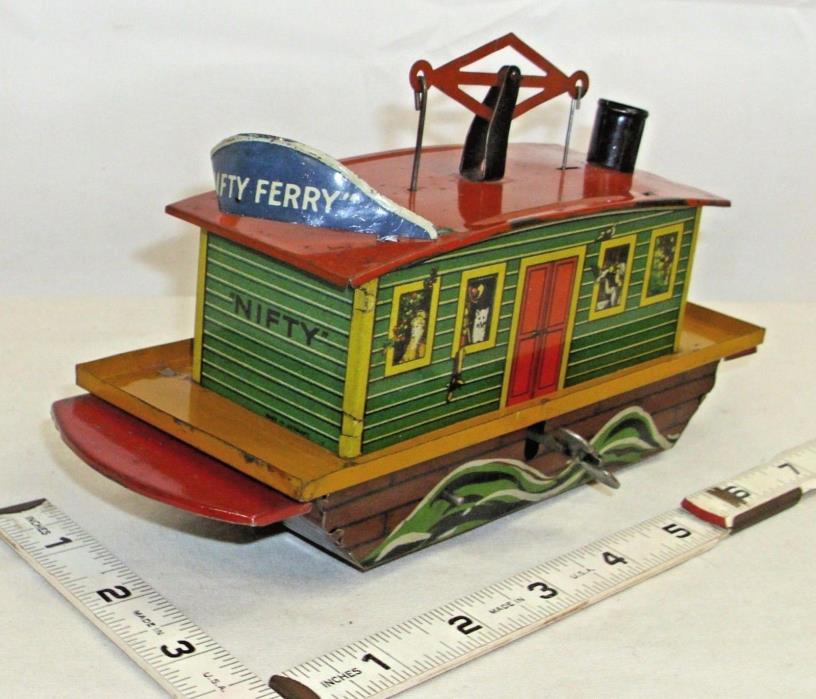 NIFTY FERRY BOAT GERMANY TIN WIND UP LITHO COMIC CHARACTER TOY 1920s