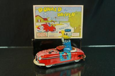 1950'S LOUIS MARX WALT DISNEY DONALD DUCK THE DRIVER TIN WIND UP CAR TOY W/ BOX