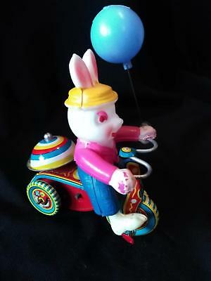 Vintage Tin Wind Up Toy Suzuki Celluloid Rabbit Riding Tricycle -Balloon WORKS!