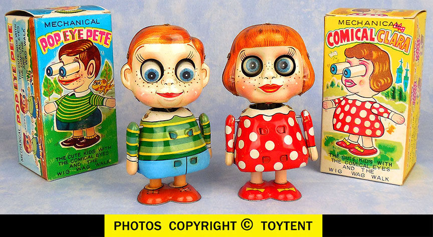Comical Clara & Pop Eye Pete TPS pair with original boxes T.P.S. Japan 1967