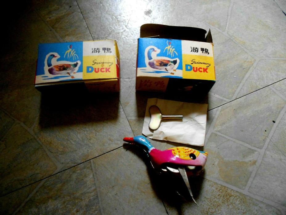2 Retro Vintage Clockwork Wind Up Metal Swimming Duck Goose Tin Toys new in box