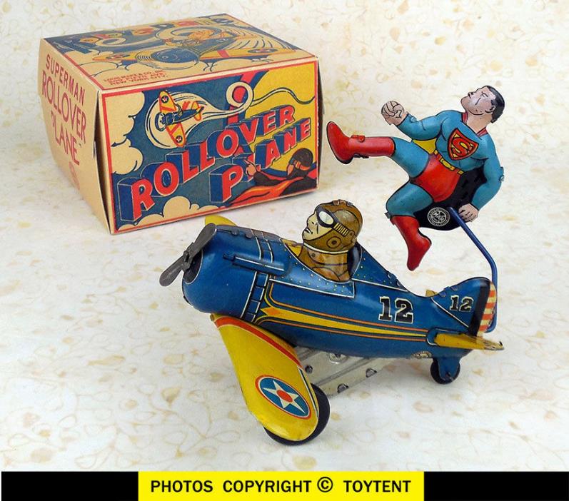 Superman Rollover Plane tin wind-up toy Louis Marx & Co. 1940 working ... SEE MO