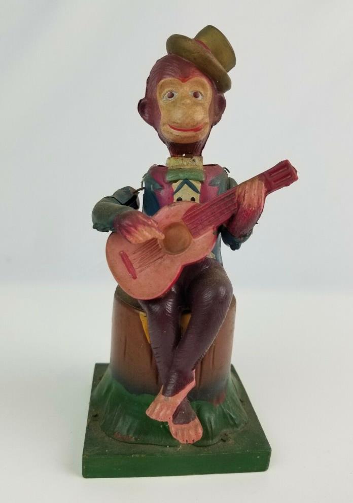 Vintage 1940's Celluloid wind up toy Monkey w/Guitar Japan Not working fair cond