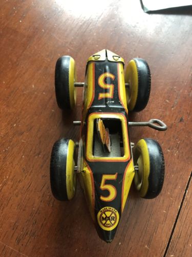 MARX TIN RACE CAR - VINTAGE TIN RACER _ OLD _WINDUP -- MARX RED Racer  #5