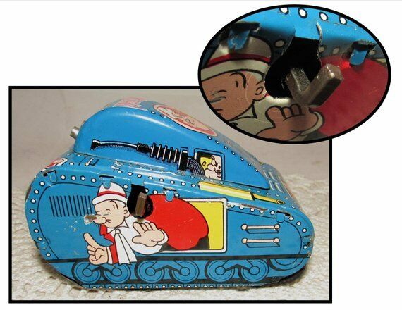Lithograph Tin Wind Up Rollover Toy, Popeye Tank by LineMar Toys, 50s, JAPAN
