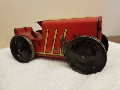 Vintage Marx Caterpillar Tractor Wind Up Tin Toy Works Front Tires. Red #2!