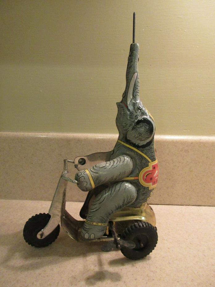 Tin Wind Up Elephant On Tricycle Vintage China missing his Spinning Ball Toy