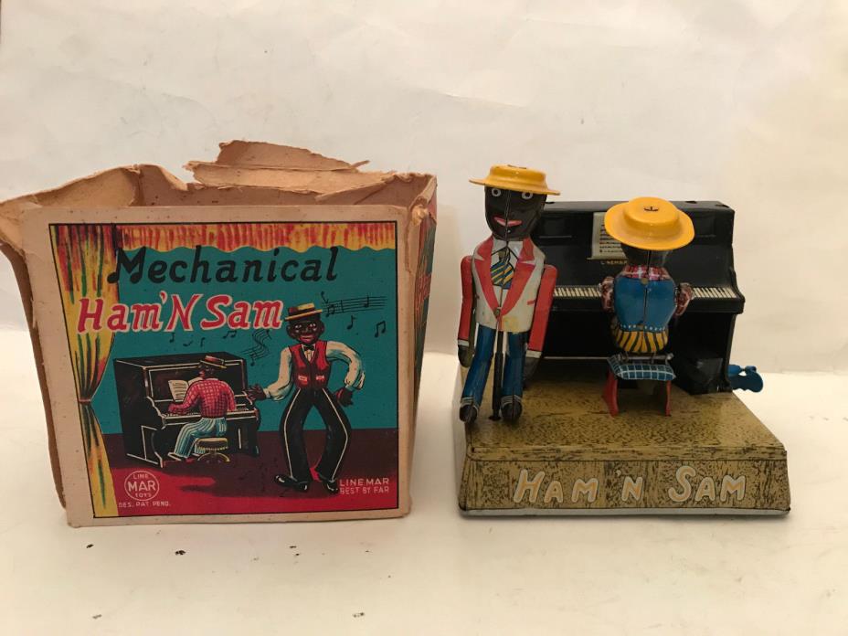 Vintage Rare  Tin Wind-up Black Americana Ham and Sam Toy & box works MINTY!