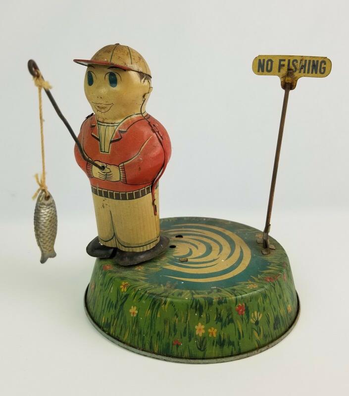 Vintage Japan SY Yoneya Wind Up No Fishing Boy w/ Pole Tested & Working