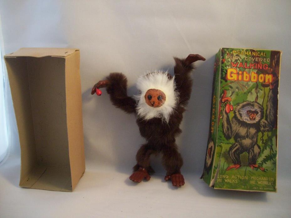 Vintage WORKING Mechanical Fur Covered Walking Scary Gibbon Wind Up Toy With Box
