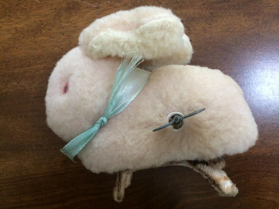 Wildly Hopping Vintage 1950s (?) Furry Blue Bow Pink Bunny Red Eyes Wind Up Toy