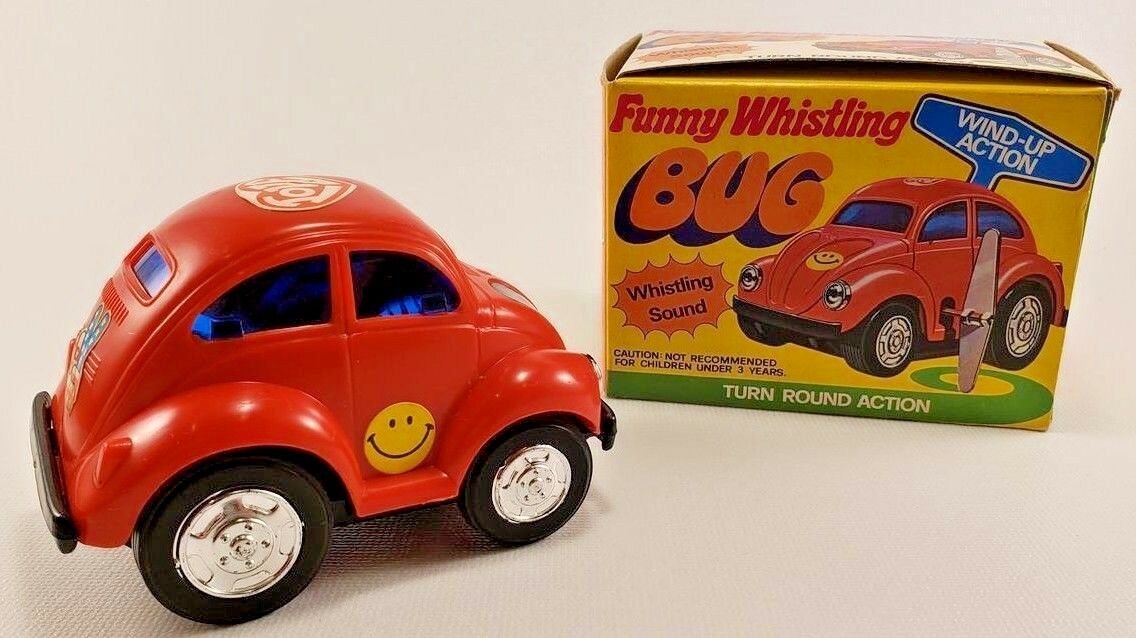 Vintage Wind Up Funny Whistling Bug Hong Kong VW Beetle w/ Box Red
