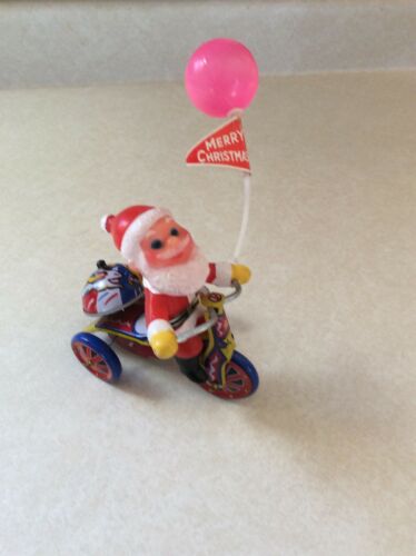 Vtg Santa Claus Christmas Tricycle Metal Wind Up Tin Toy Bike Korea Bell Plastic