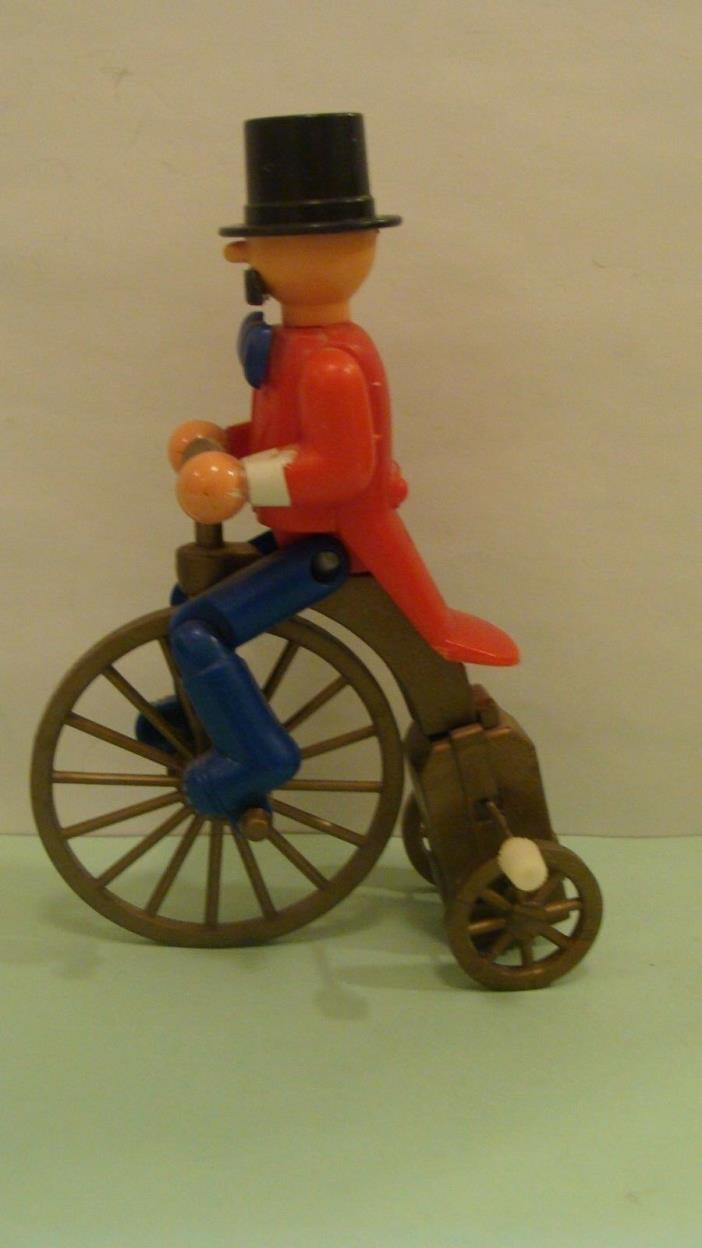 Vintage Miniature Wind Up Toy Man Driving Old Time Three Wheel Bicycle, Works