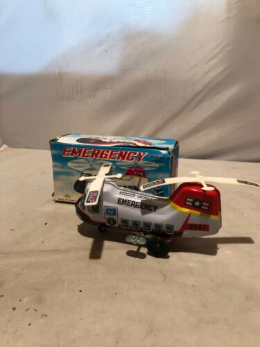 Vintage Tin Wind Up Toy Emergency Helicopter HR833 USAF White Collectible
