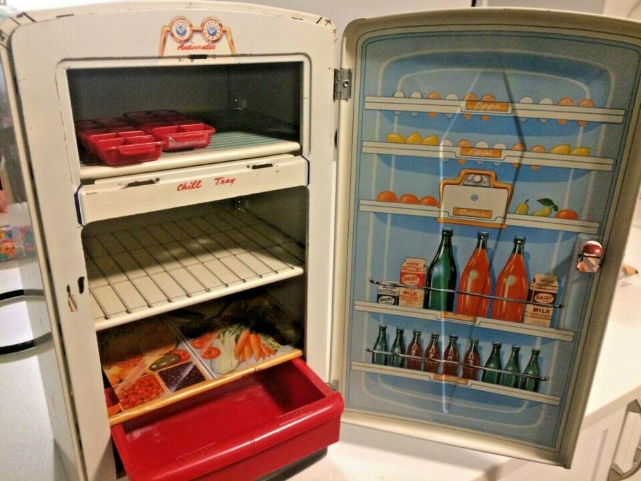 Vintage 1950's Child Metal Tin Toy  Refrigerator Kitchen Fridge