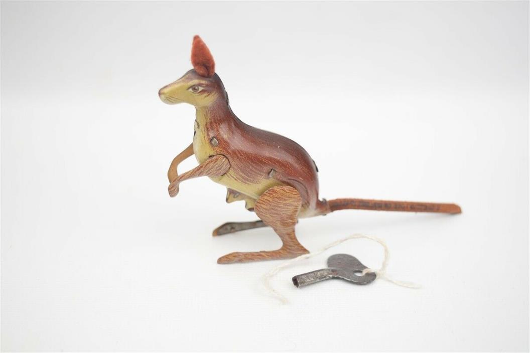 Vintage Post War US Zone Germany Kohler Tin Wind Up Kangaroo w/ Joey Toy Working