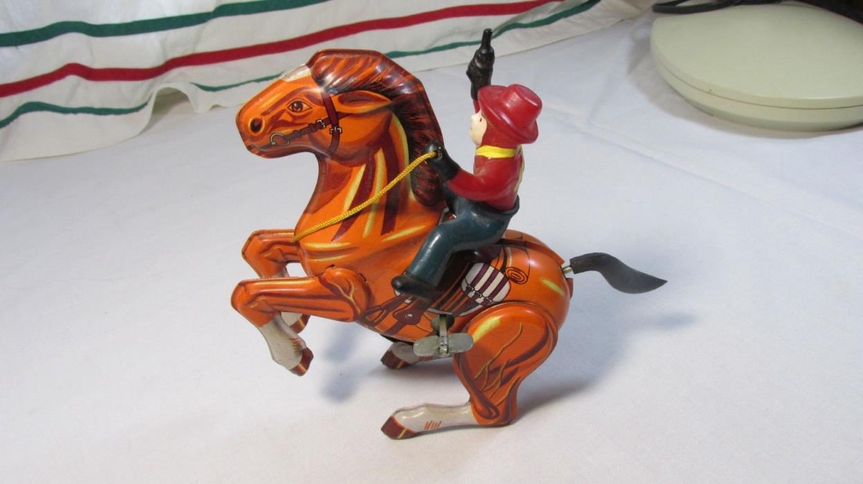 Vintage Wind Up Tin Litho Mechanical Toy Horse w/Cowboy MTU Made in Korea Works