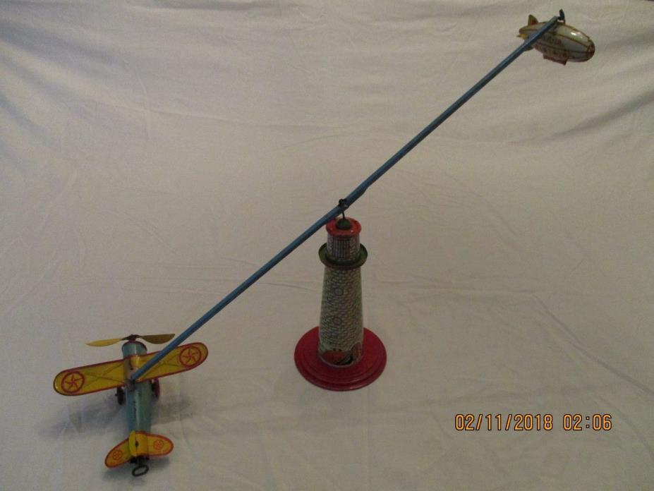 MARX TIN LITHO WINDUP SKY FLYER TOWER TOY COMPLETE AIRPLANE BLIMP CROSSBAR WORKS