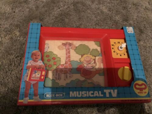 Blue-Box Wind-Up Vintage 1979 Moving Screen- Sealed Toddler Toy Musical TV NEW
